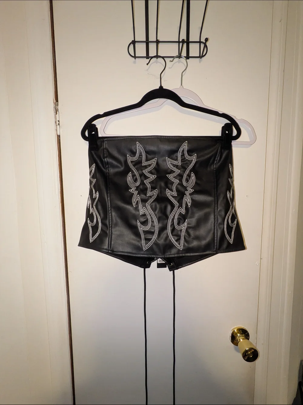 Fashion Nova Black Faux Leather Strapless Corset Top with Silver Embroidery